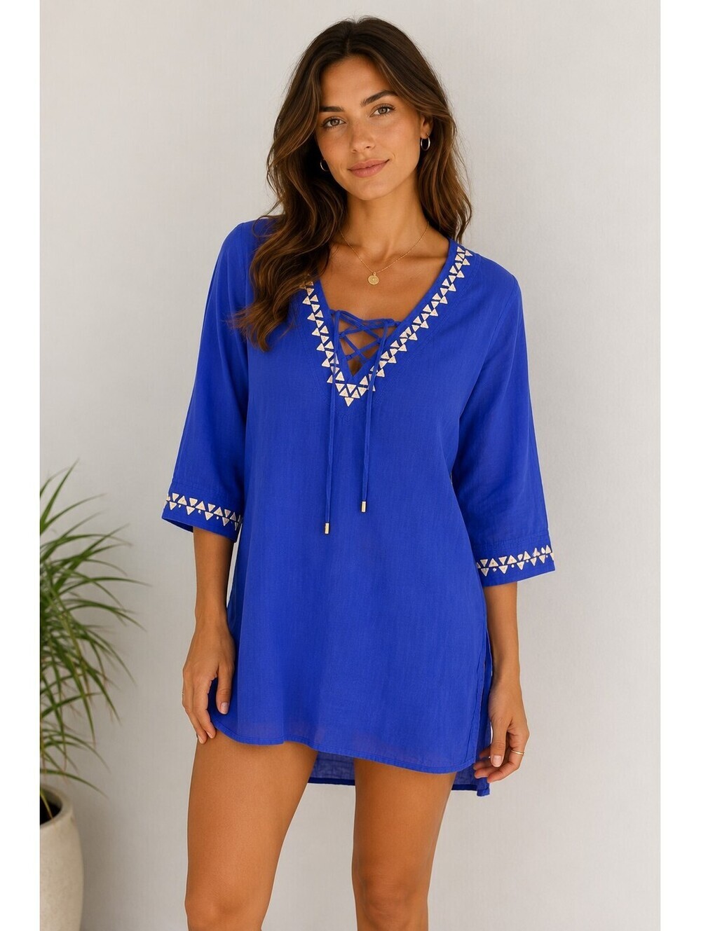 Trina Turk Blue Embellished Tunic Blouse Cover Up Lace-Up V-Neck 3/4 Sleeve